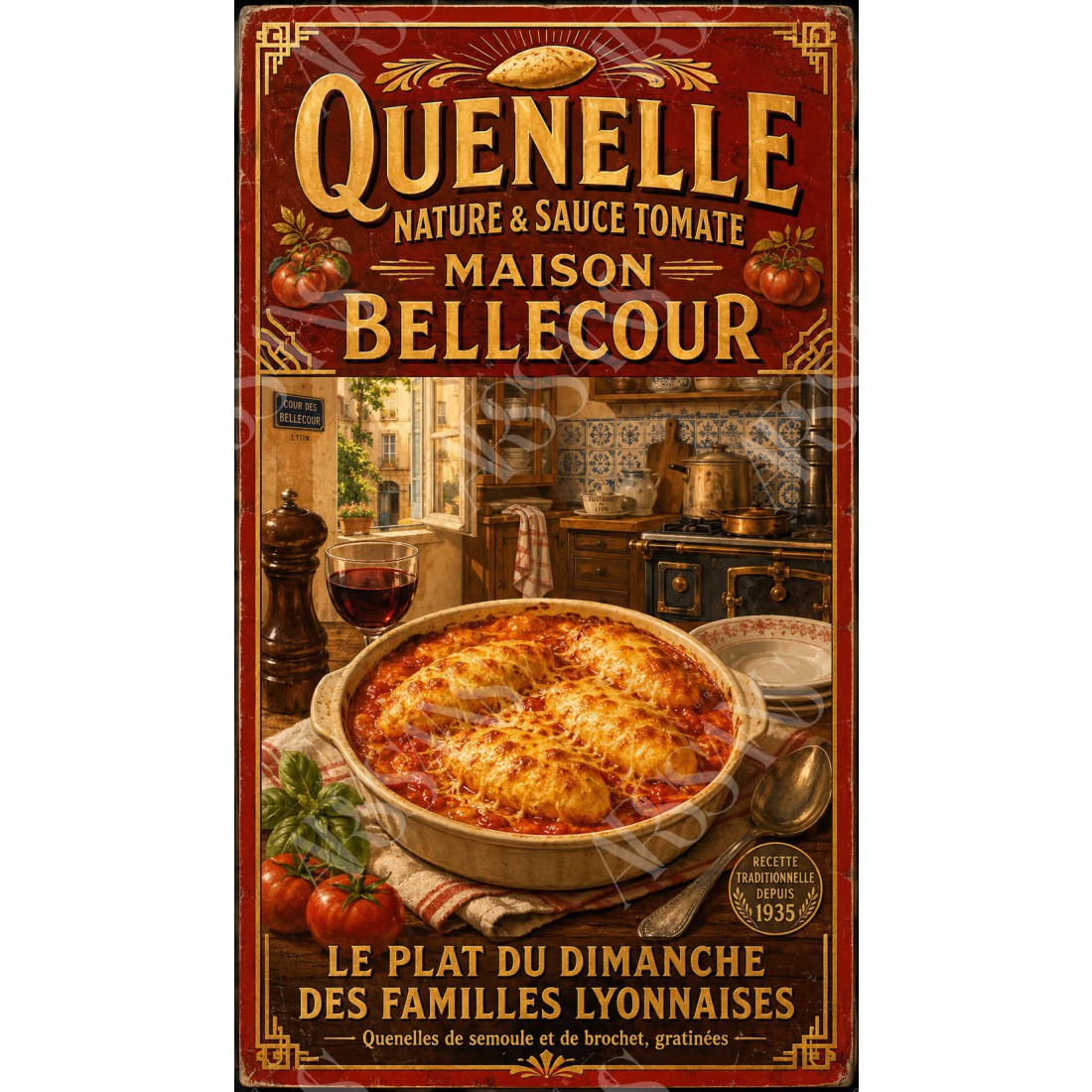 Quenelle Nature & Sauce Tomate — Maison Bellecour – affiche & plaque vintage | Manufacture Arssans