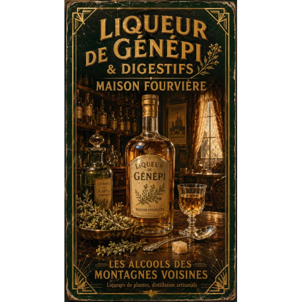 Liqueur de Génépi & Digestifs — Maison Fourvière – affiche & plaque vintage | Manufacture Arssans