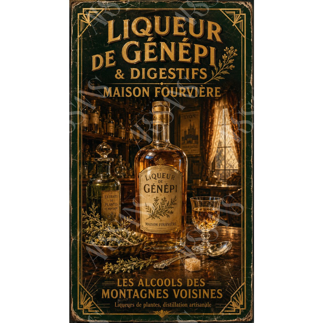 Liqueur de Génépi & Digestifs — Maison Fourvière – affiche & plaque vintage | Manufacture Arssans