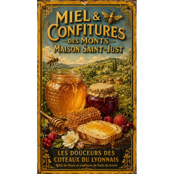 Miel & Confitures des Monts — Maison Saint-Just – affiche & plaque vintage | Manufacture Arssans