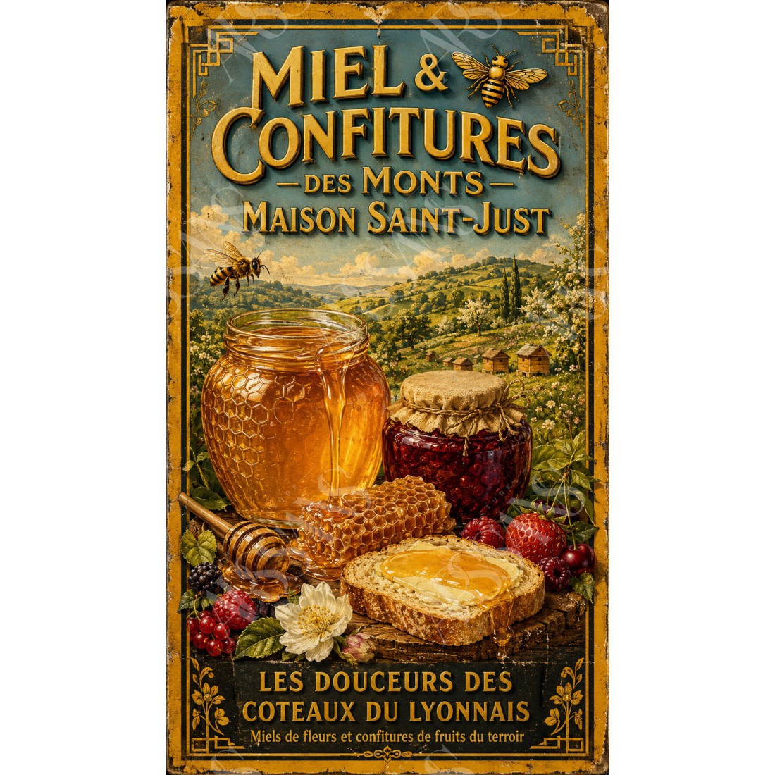 Miel & Confitures des Monts — Maison Saint-Just – affiche & plaque vintage | Manufacture Arssans