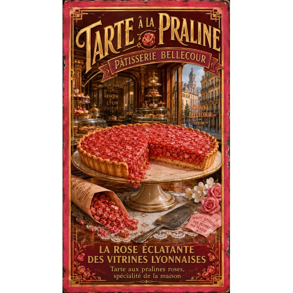 Tarte à la Praline — Pâtisserie Bellecour – affiche & plaque vintage | Manufacture Arssans