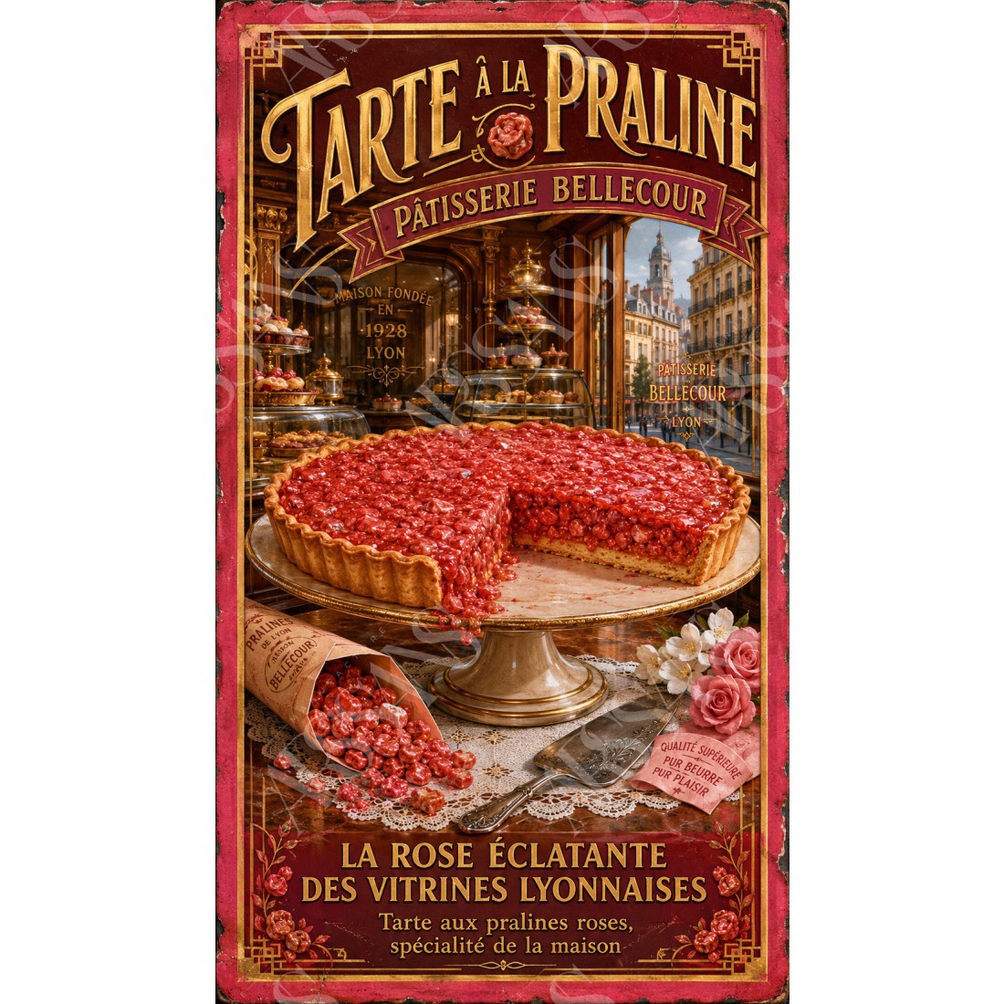 Tarte à la Praline — Pâtisserie Bellecour – affiche & plaque vintage | Manufacture Arssans