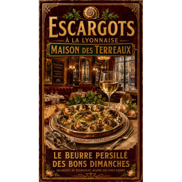 Escargots à la Lyonnaise — Maison des Terreaux – affiche & plaque vintage | Manufacture Arssans