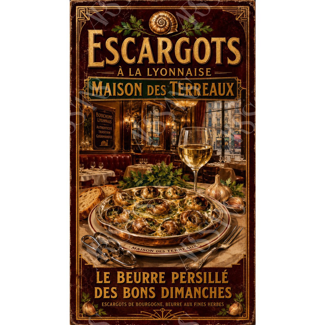 Escargots à la Lyonnaise — Maison des Terreaux – affiche & plaque vintage | Manufacture Arssans