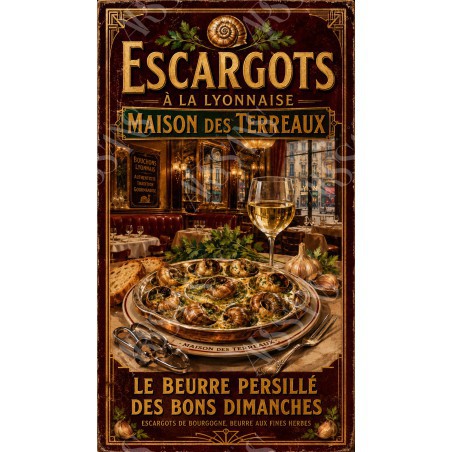 Escargots à la Lyonnaise — Maison des Terreaux – affiche & plaque vintage | Manufacture Arssans