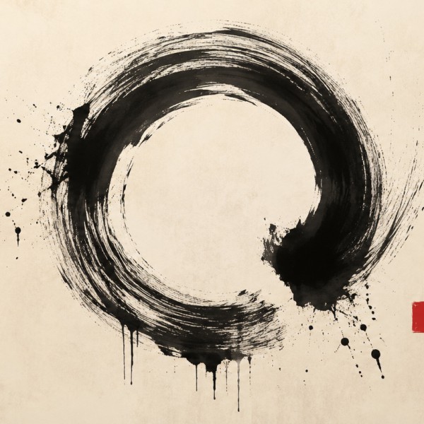Cercle enso à l'encre – fresque panoramique graphique : geste calligraphique noir, coulures maîtrisées, fond crème, sceau rouge