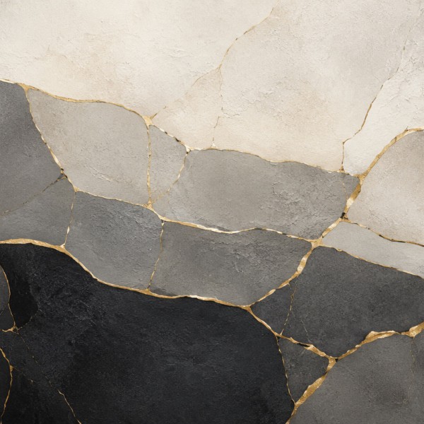 Veines de kintsugi – fresque panoramique graphique : surfaces fragmentées recollées, veines dorées, anthracite, gris ardoise, bl