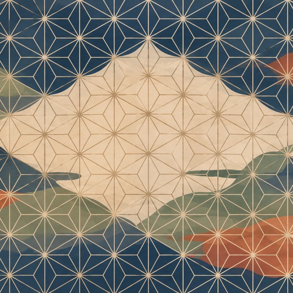 Trame asanoha – fresque panoramique graphique : réseau d'étoiles hexagonales, montagnes suggérées, indigo, crème, terracotta, ve