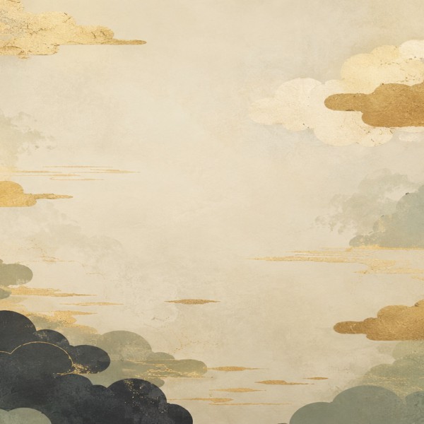 Nuages dorés rinpa – fresque panoramique graphique : nuages stylisés découpés, or patiné, anthracite, vert sourd, crème