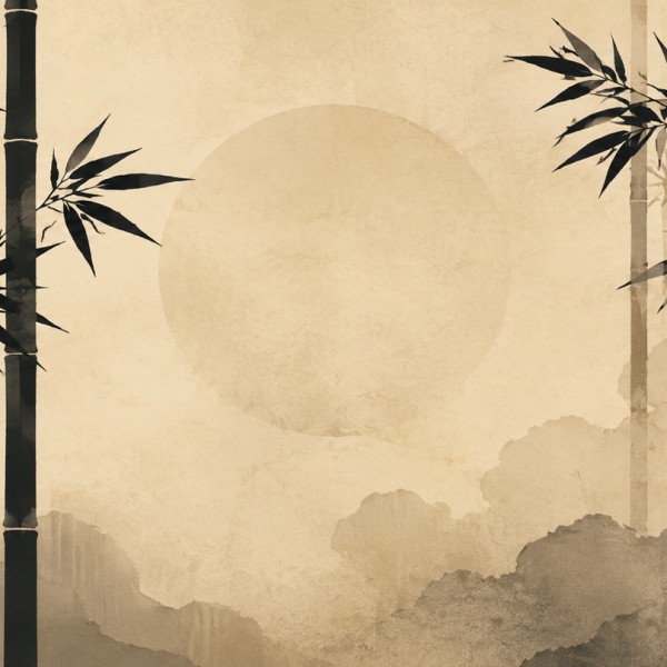 Bambous en silhouettes – fresque panoramique graphique : bambous en positif-négatif et disque solaire pâle, bichromie d'encre et