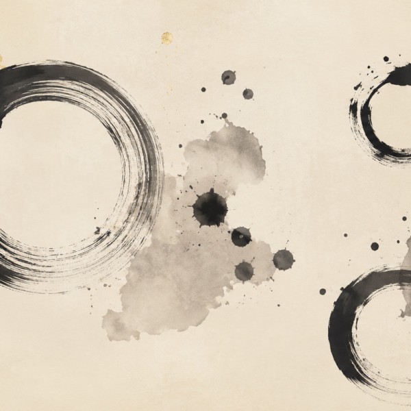 Enso et taches d'encre - fresque panoramique graphique : cercles enso incomplets, taches d'encre et accent doré sur crème, modul