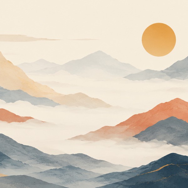 Montagnes en aplats étagés – fresque panoramique graphique : reliefs superposés et disque solaire, palette gris-bleu, sable, ter