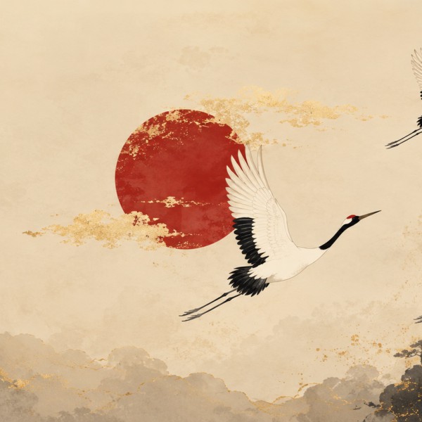Vol de grues – fresque panoramique graphique : grues blanches stylisées, disque rouge solaire et feuillage doré, palette d'encre