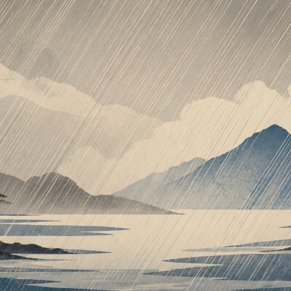 Pluie d'estampe – fresque panoramique graphique : pluie oblique en fines lignes sur paysage de lac, montagne et pins, palette gr