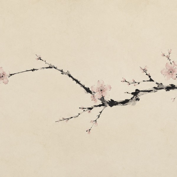Branche d'encre – fresque panoramique graphique : branche de prunier fleuri au trait d'encre, fleurs rose pâle et grand vide dom
