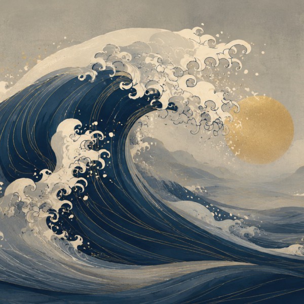 Vague d'écume – fresque panoramique graphique : grande vague stylisée et écume en volutes, petit disque solaire doré sur fond br
