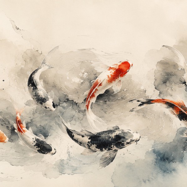 Carpes koï en lavis – fresque panoramique graphique : koï fluides en encre flottant sur des remous d'eau, palette crème, gris bl