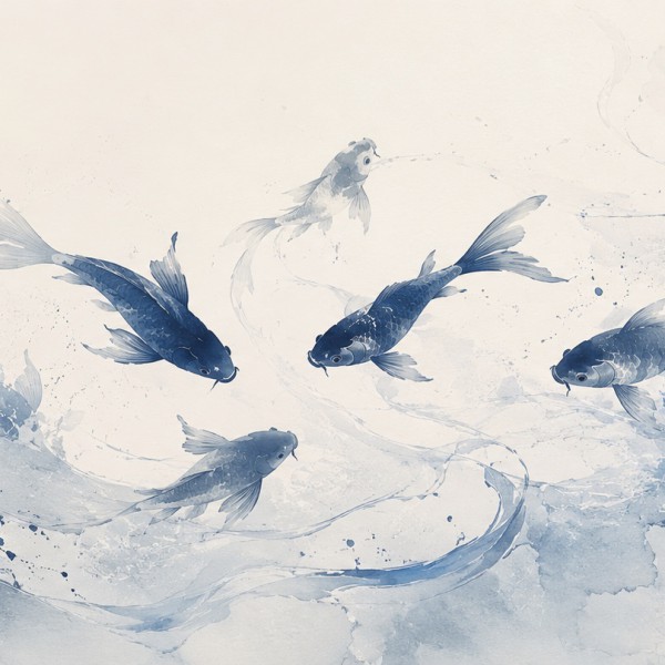 Carpes koï bleues – fresque panoramique graphique : koï stylisées en lavis monochrome sur remous aqueux, palette bleu indigo, bl