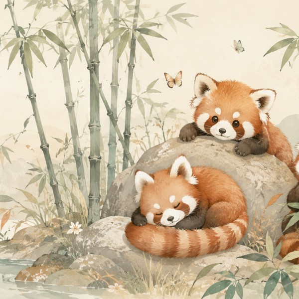 Pandas roux et bambous – fresque panoramique pour enfant : petits pandas blottis dans des bambous tendres, papillons et lapin di