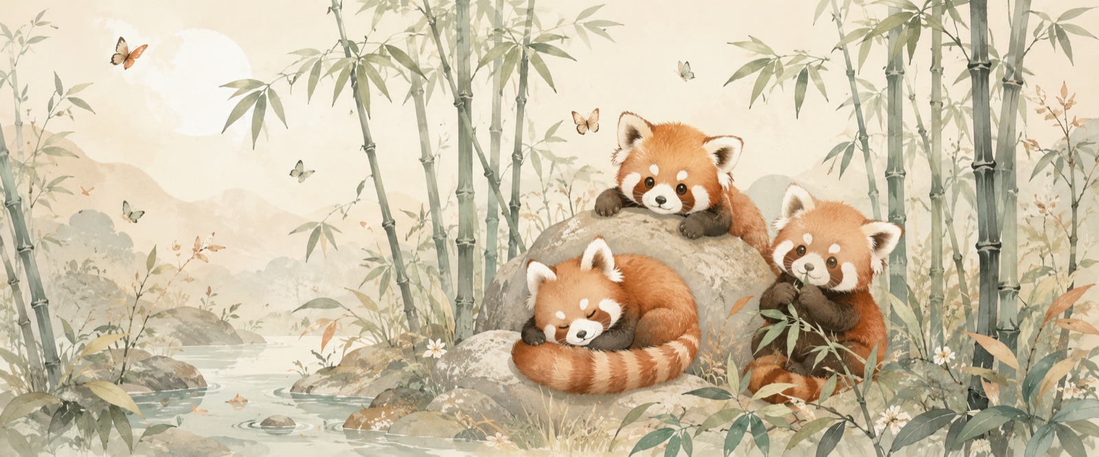 Pandas roux et bambous