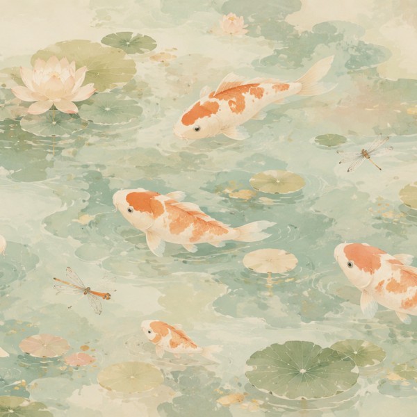 Étang aux carpes koï - fresque panoramique pour enfant : carpes koï rondes, nénuphars, lotus et libellules sur une eau calme, pa