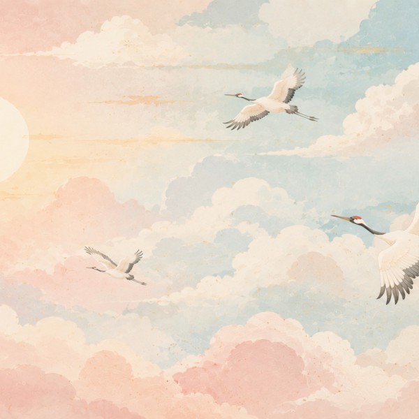 Grues dans le ciel de l'aube – fresque panoramique pour enfant : grues stylisées parmi des nuages roses et un soleil bienveillan