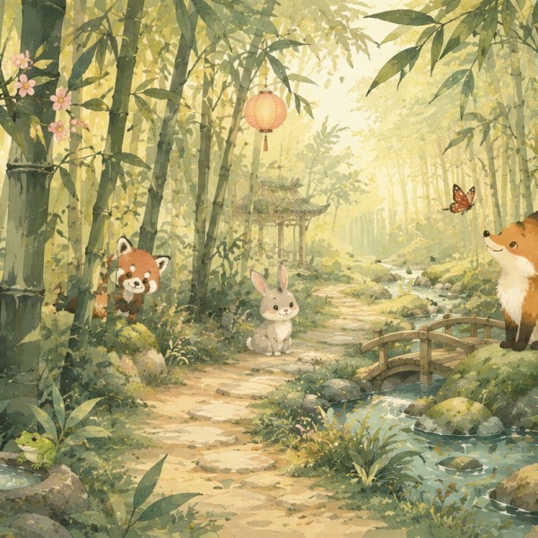 Forêt de bambous enchantée - fresque panoramique pour enfant : sentier sinueux, renardeau, oiseaux, grenouille, lapin et hibou s
