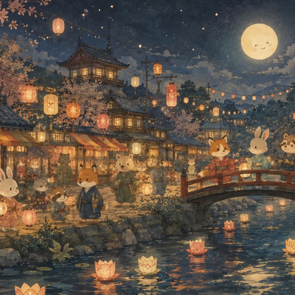 Festival des lanternes - fresque panoramique pour enfant : village de nuit en fête, lanternes de papier et lune souriante, palet