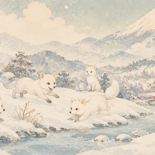 Renards dans la neige – fresque panoramique pour enfant : renards blancs joueurs et mont enneigé, palette blanc neige, bleu glac