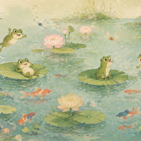 Étang aux grenouilles - fresque panoramique pour enfant : grenouilles joueuses, nénuphars, libellules et poissons, palette vert