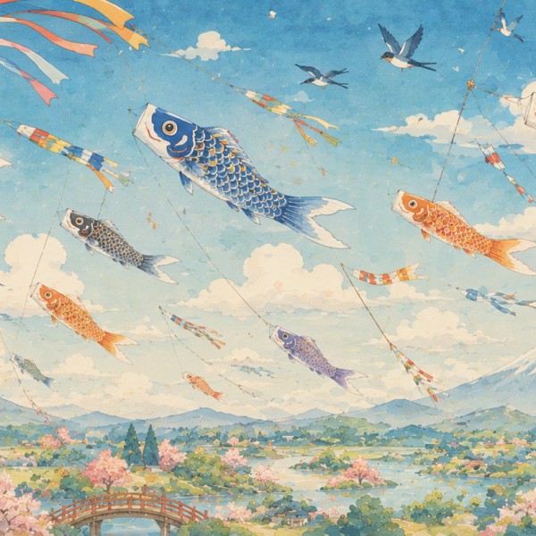 Cerfs-volants carpes – fresque panoramique pour enfant : koinobori colorés, oiseaux, cerisiers et montagne, palette bleu ciel, r