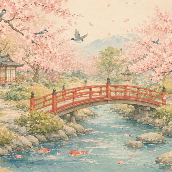 Jardin des cerisiers en fleurs – fresque panoramique pour enfant : jardin japonais de printemps, pont rouge courbe, lanternes de