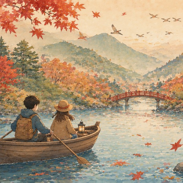Barque sur la rivière aux érables – fresque panoramique pour enfant : barque, jeunes voyageurs, érables rouges, montagnes étagée