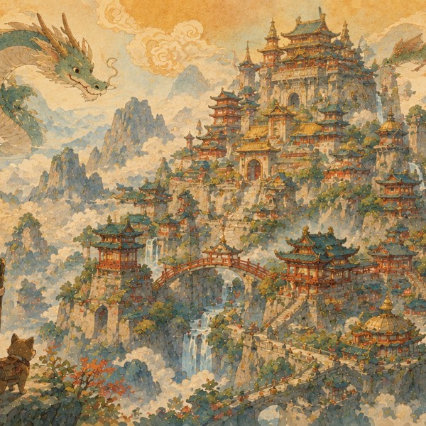 Cité des dragons amicaux – fresque panoramique pour enfant : cité de montagne étagée, toits courbes, ponts, dragons amicaux, cas