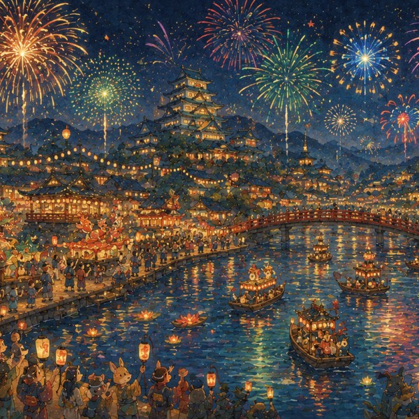Festival des feux d'artifice - fresque panoramique pour enfant : festival d'été au bord de la rivière, feux d'artifice stylisés,