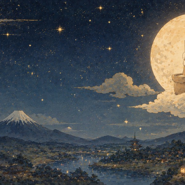 Le lièvre de la lune – fresque panoramique pour enfant : conte nocturne du lièvre pilant sur la lune, nuages, étoiles et mont en