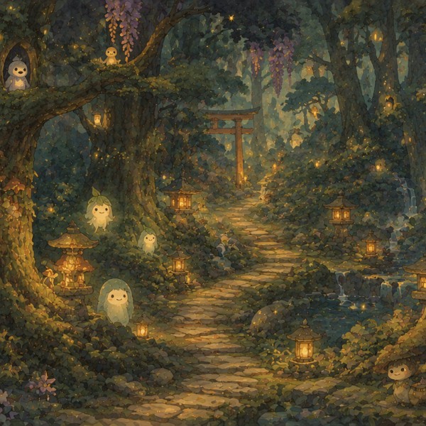Forêt des esprits bienveillants - fresque panoramique pour enfant : forêt de conte aux esprits doux, lanternes, sentier et lucio