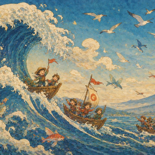 Grande vague et petits bateaux – fresque panoramique pour enfant : grande vague joyeuse façon estampe, bateaux amicaux, poissons