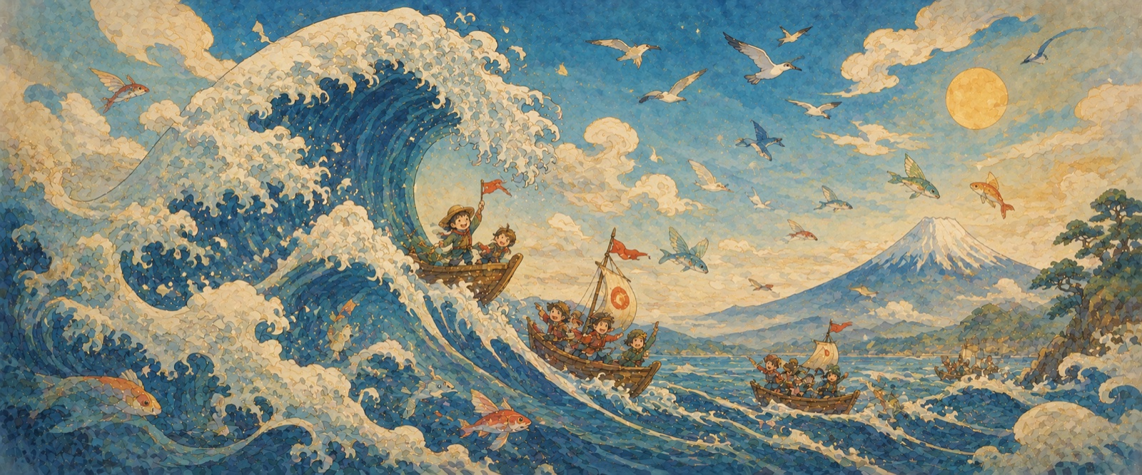 Grande vague et petits bateaux