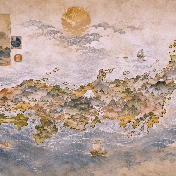 La Carte de l'Archipel - fresque panoramique carte ancienne : côtes au trait fin, provinces en aplats, vaisseaux et vagues styli