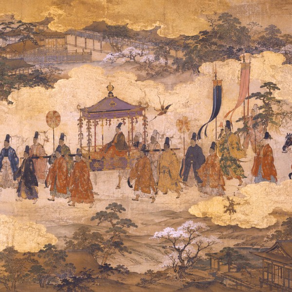 Le Rouleau de la Procession - fresque panoramique carte ancienne : cortège de cour, palanquins, bannières et architecture de boi