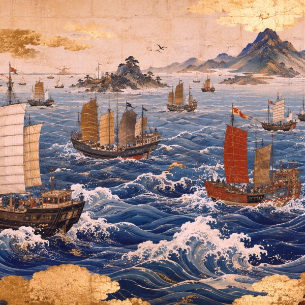 Les Navires de Commerce - fresque panoramique carte ancienne : jonques et navires sur vagues stylisées, écume graphique, îles lo