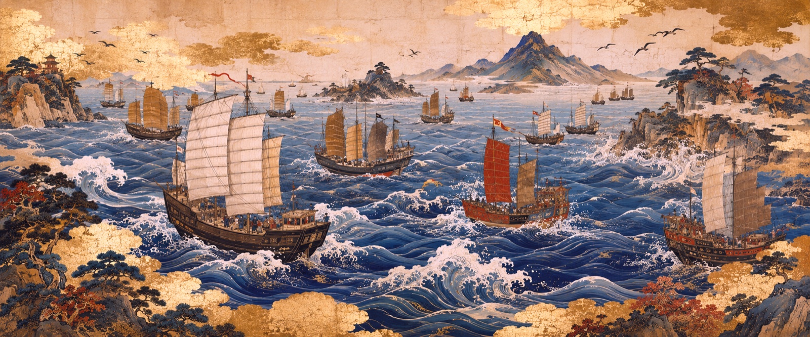 Papier peint fresque carte ancienne - Les Navires de Commerce