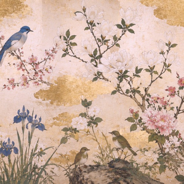 La Planche aux Oiseaux - fresque panoramique carte ancienne : branches de prunier, pivoines et iris, oiseaux finement observés e