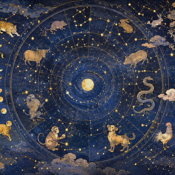 L'Almanach Céleste - fresque panoramique carte ancienne : constellations dorées, zodiaque oriental, nuages stylisés et fragments