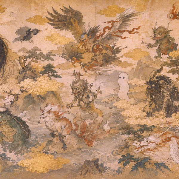 Le Bestiaire Fabuleux - fresque panoramique carte ancienne : dragons, kappa, oiseaux-tonnerre et esprits reliés de nuages et de