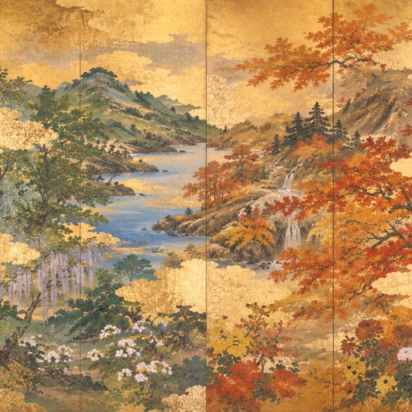 Le Paravent des Saisons - fresque panoramique carte ancienne : paysage continu de montagnes, érables, cerisiers et neige séparés