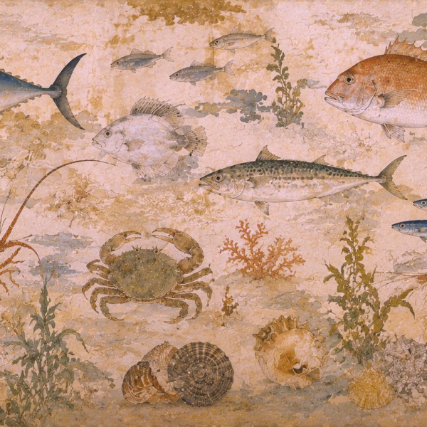 La Planche aux Poissons - fresque panoramique carte ancienne : poissons, crustacés et coquillages disposés en planche naturalist