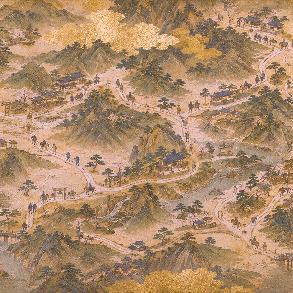 La Carte des Routes - fresque panoramique carte ancienne : réseau de relais de poste, ponts, pins et voyageurs entre montagnes e